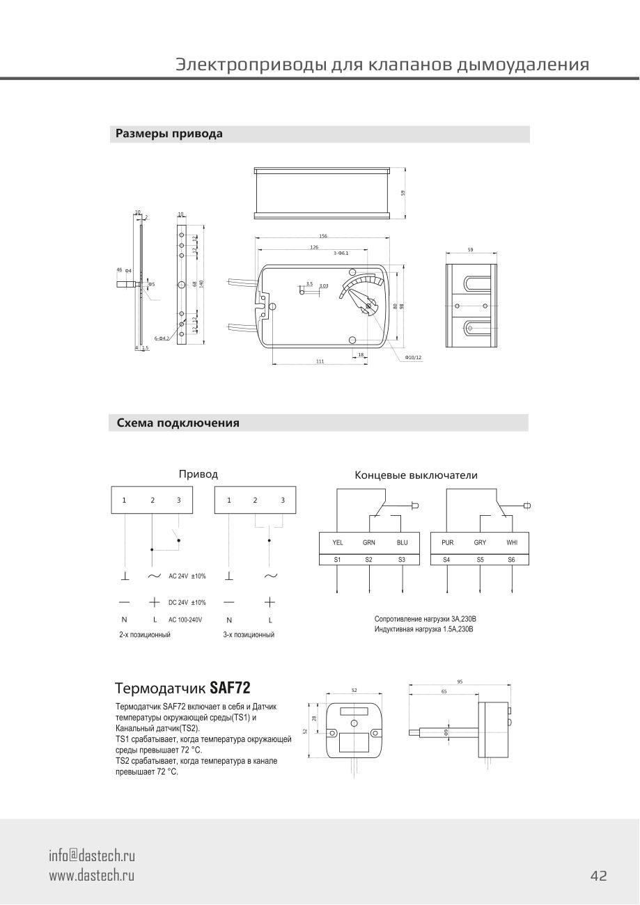 Размеры и схема подключения электропривода Dastech FS-10N24S